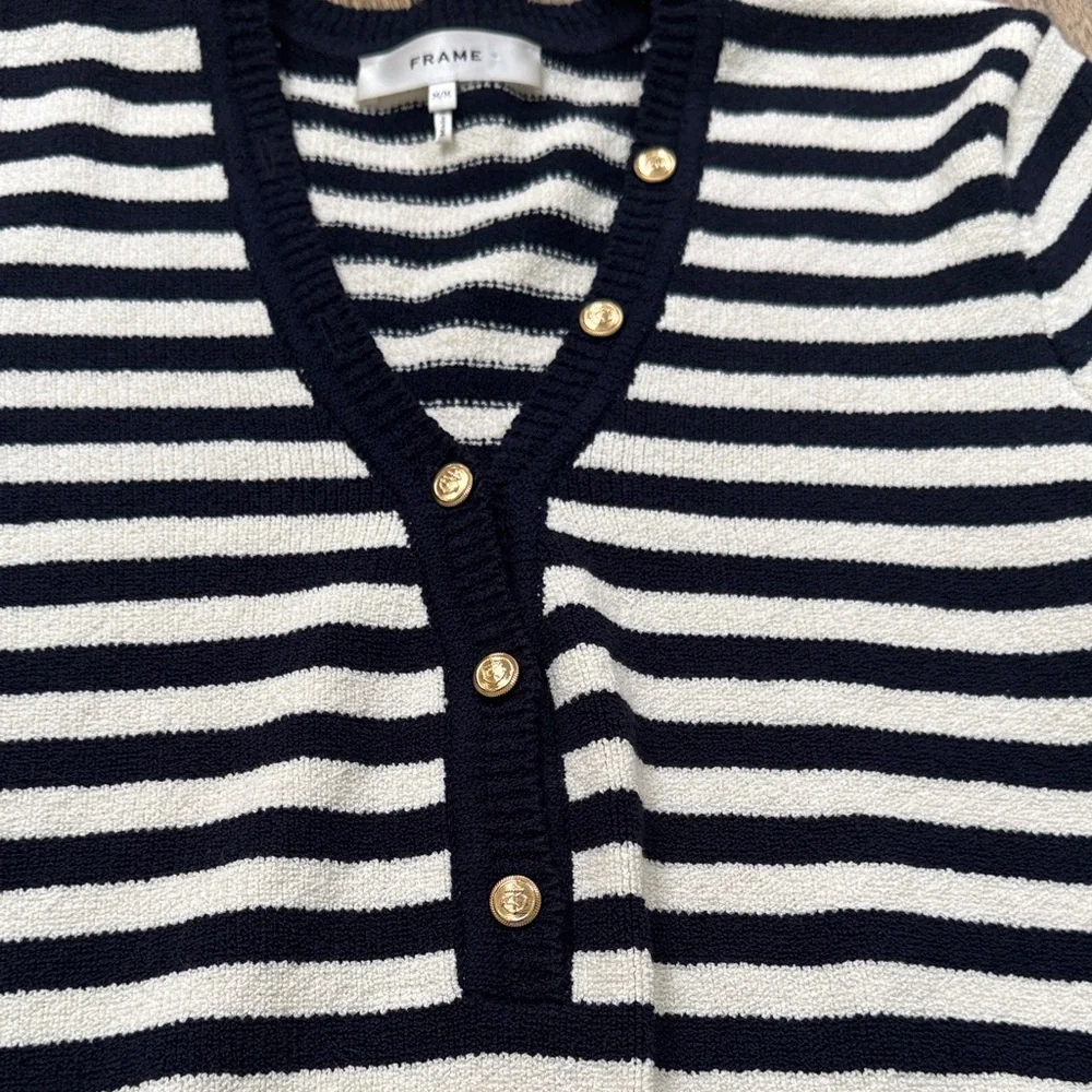 Frame Navy and White V-Neck Sweater with Gold Buttons - Picture 5 of 8